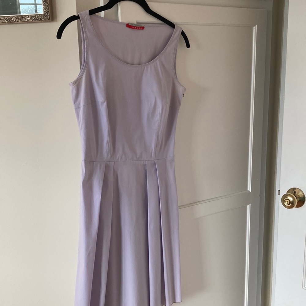 Classic Prada scoopneck, A-line, light blue/gray dress.